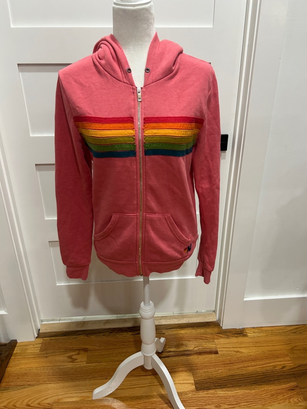 Aviator Nation 6 stripe Coral Pink Hoodie with Yellow and Orange Label Stripes